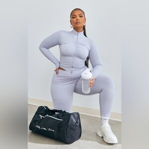 PRETTYLITTLETHING PLT ICE GREY LEGGING RUCHED ZIP UP JACKET SET SIZE 6 USA